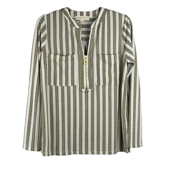 New-michael Michael Kors Bone/Gold Front Logo Zippe, Pockets,Long Sleeves Blouse - Picture 1 of 15